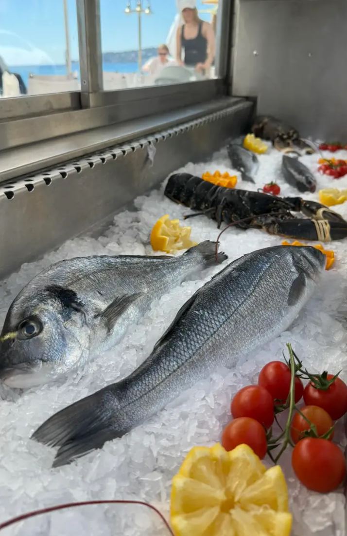 Étal de poissons frais : daurade, loup, homard